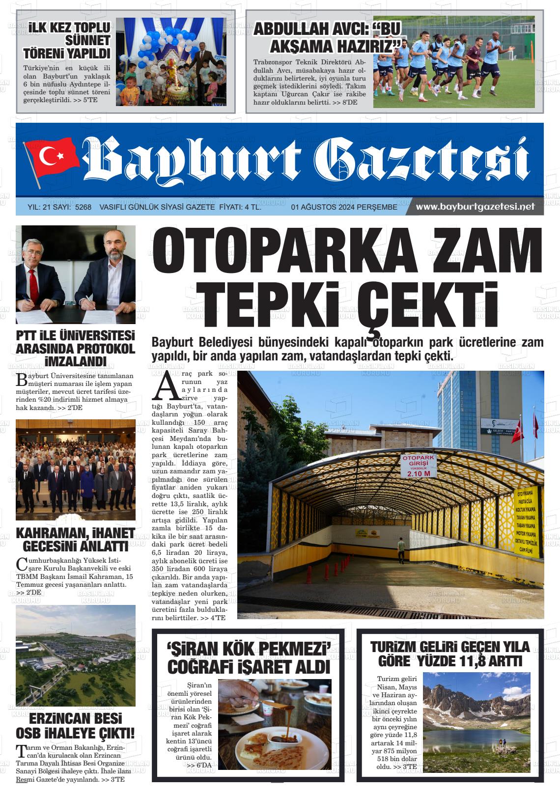 01 Ağustos 2024 Bayburt Sıla Gazete Manşeti