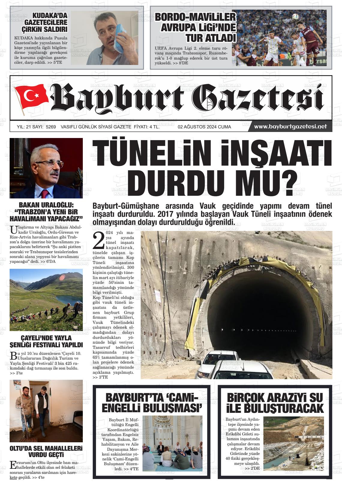 02 Ağustos 2024 Bayburt Sıla Gazete Manşeti