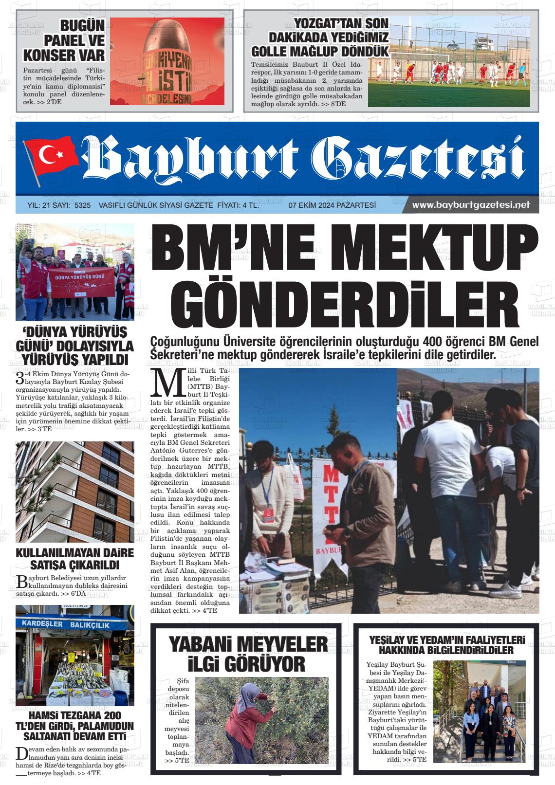 07 Ekim 2024 Bayburt Sıla Gazete Manşeti