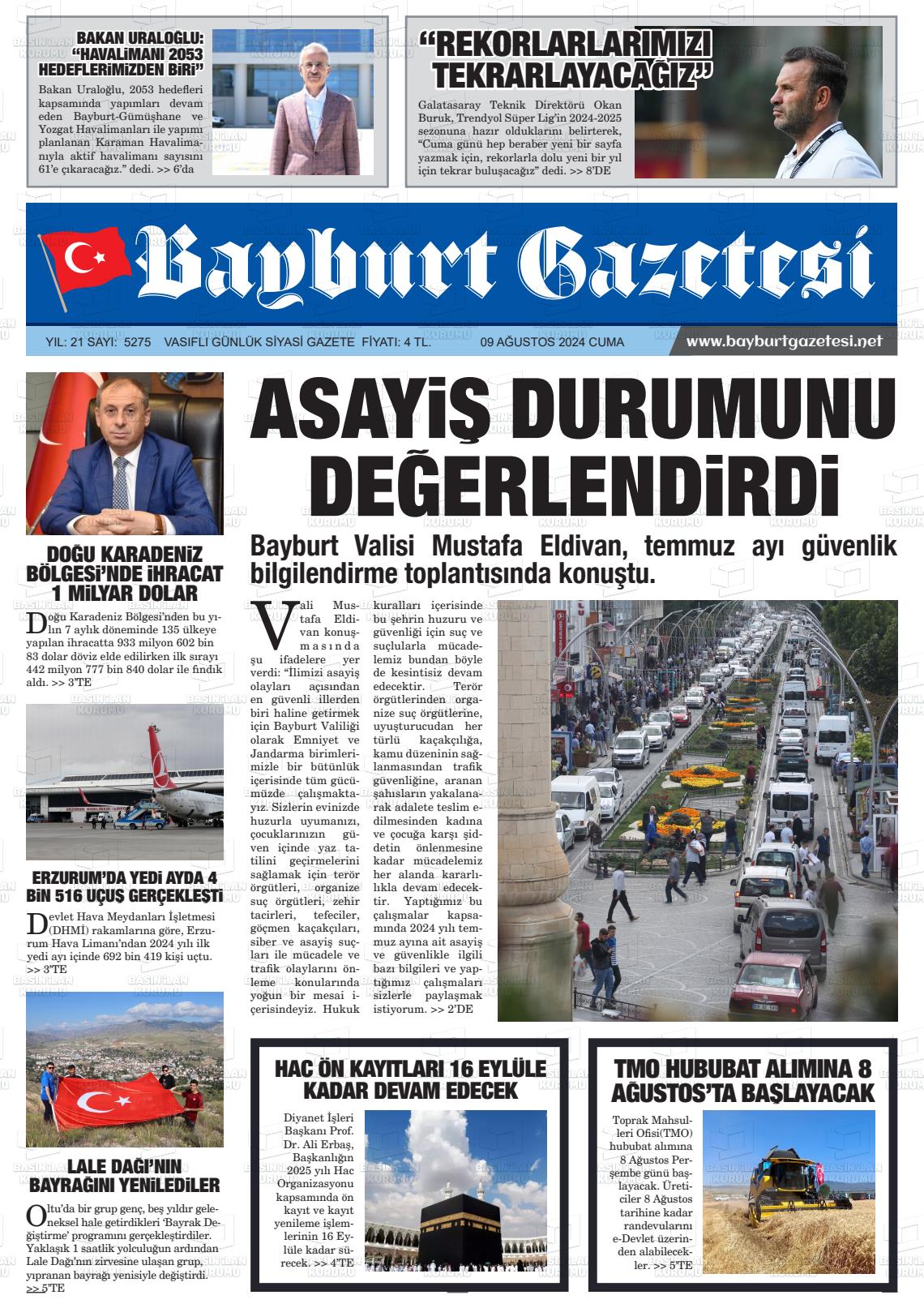 09 Ağustos 2024 Bayburt Sıla Gazete Manşeti