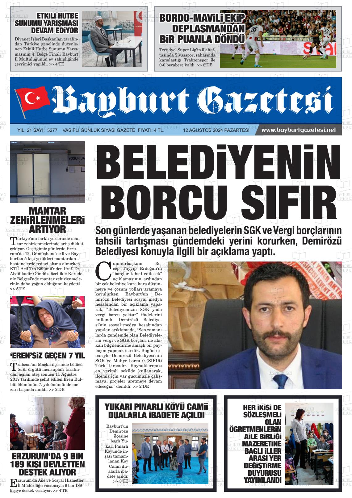 12 Ağustos 2024 Bayburt Sıla Gazete Manşeti