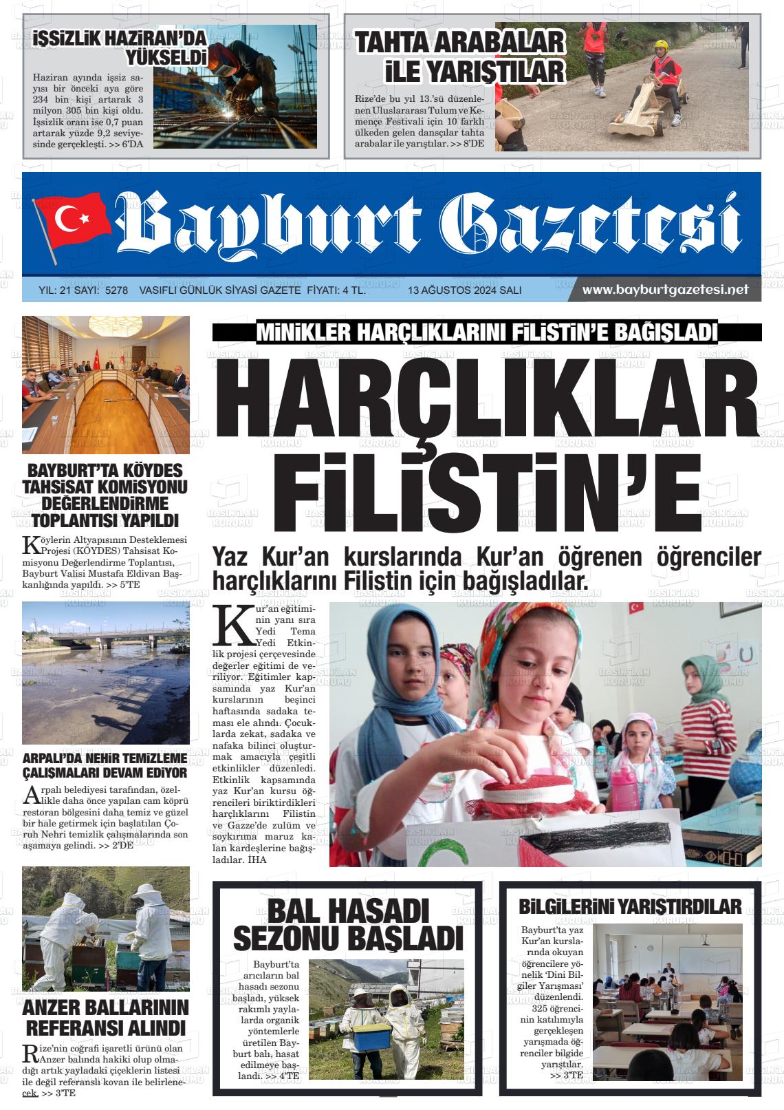 13 Ağustos 2024 Bayburt Sıla Gazete Manşeti