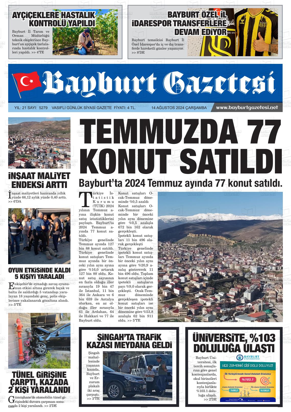 14 Ağustos 2024 Bayburt Sıla Gazete Manşeti