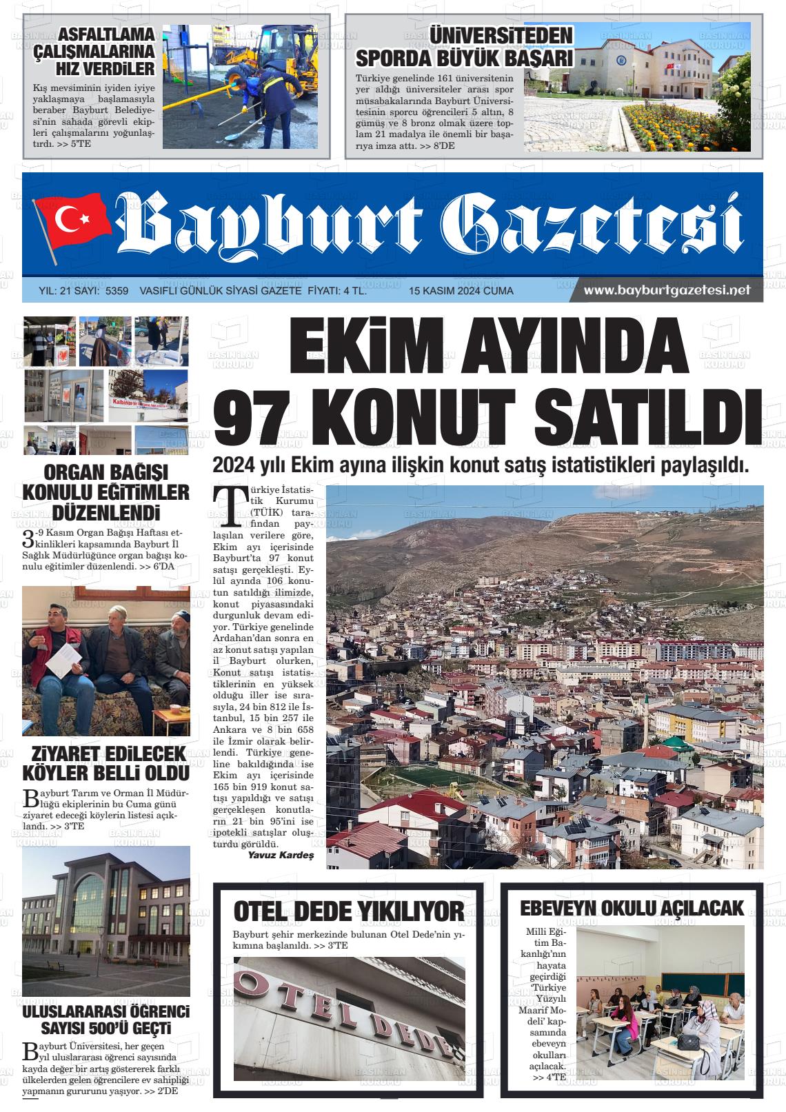 15 Kasım 2024 Bayburt Sıla Gazete Manşeti