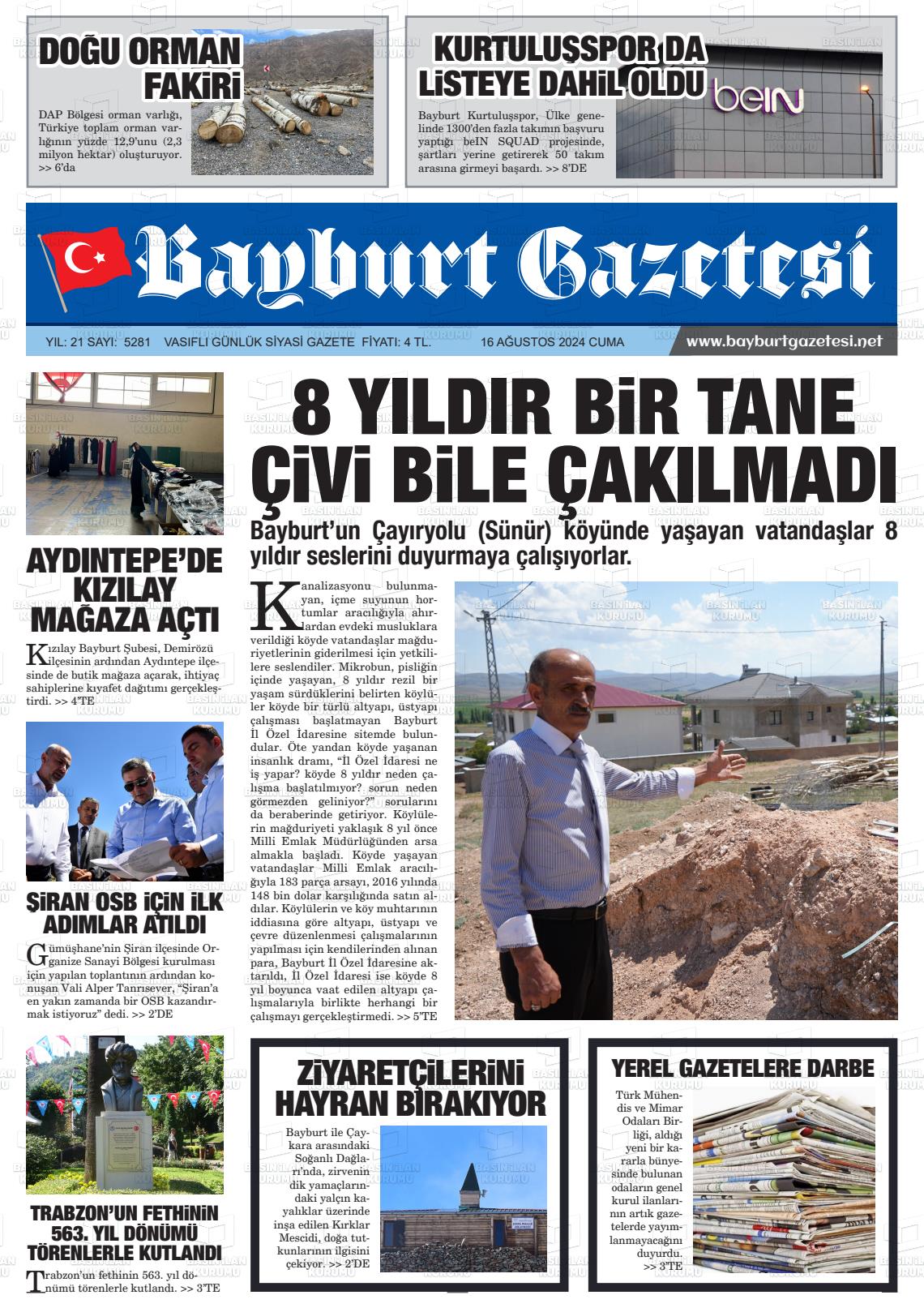 16 Ağustos 2024 Bayburt Sıla Gazete Manşeti