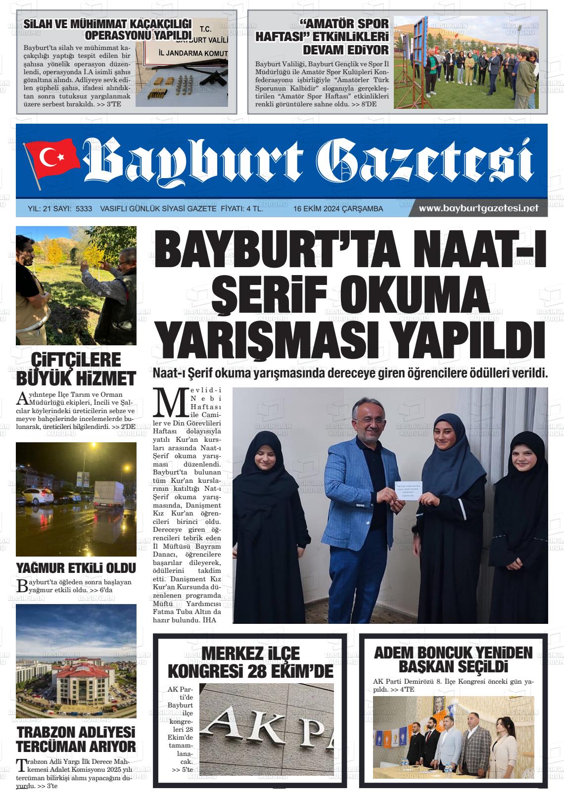 16 Ekim 2024 Bayburt Sıla Gazete Manşeti