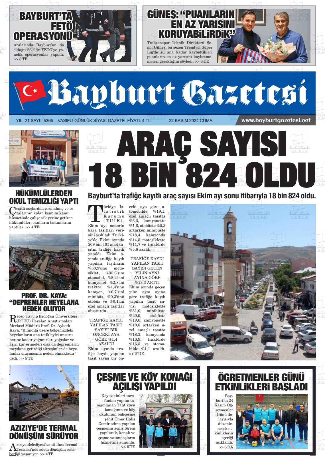 22 Kasım 2024 Bayburt Sıla Gazete Manşeti