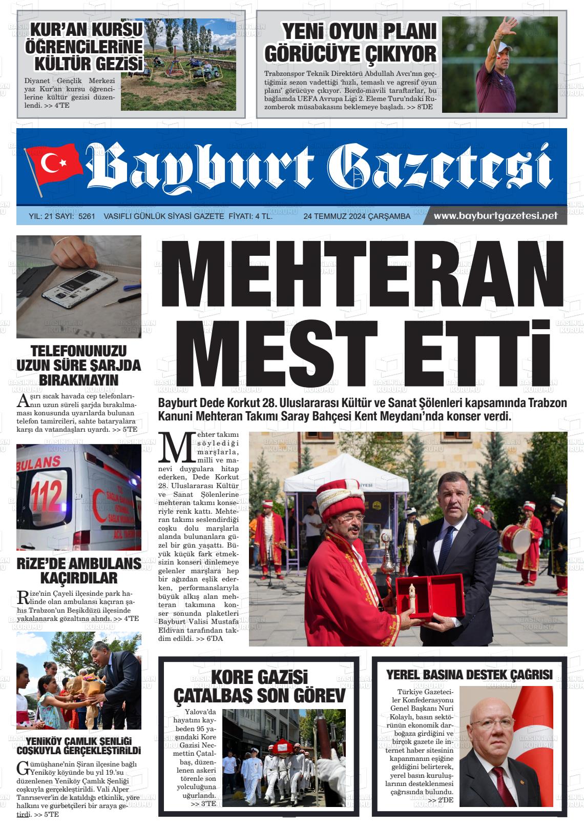 24 Temmuz 2024 Bayburt Sıla Gazete Manşeti