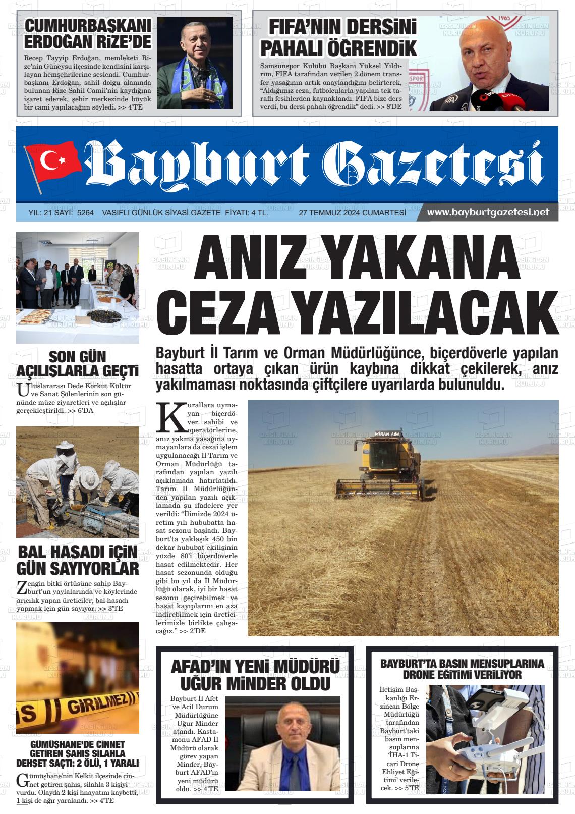 27 Temmuz 2024 Bayburt Sıla Gazete Manşeti