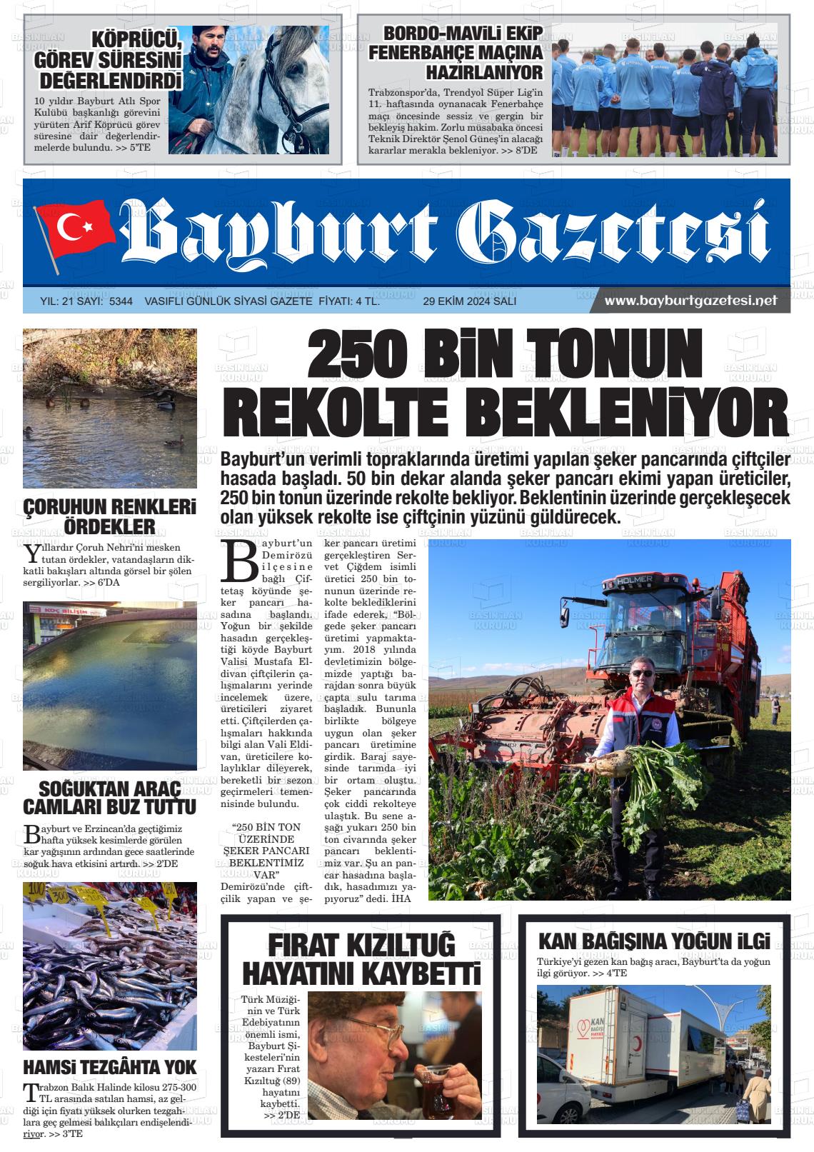 29 Ekim 2024 Bayburt Sıla Gazete Manşeti