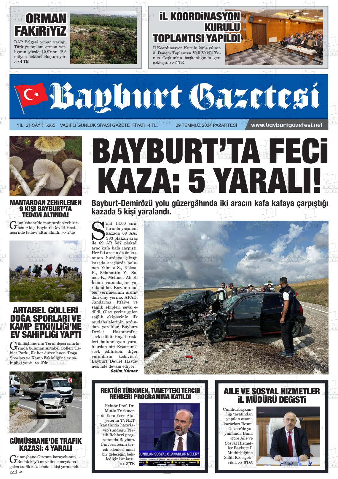 29 Temmuz 2024 Bayburt Sıla Gazete Manşeti