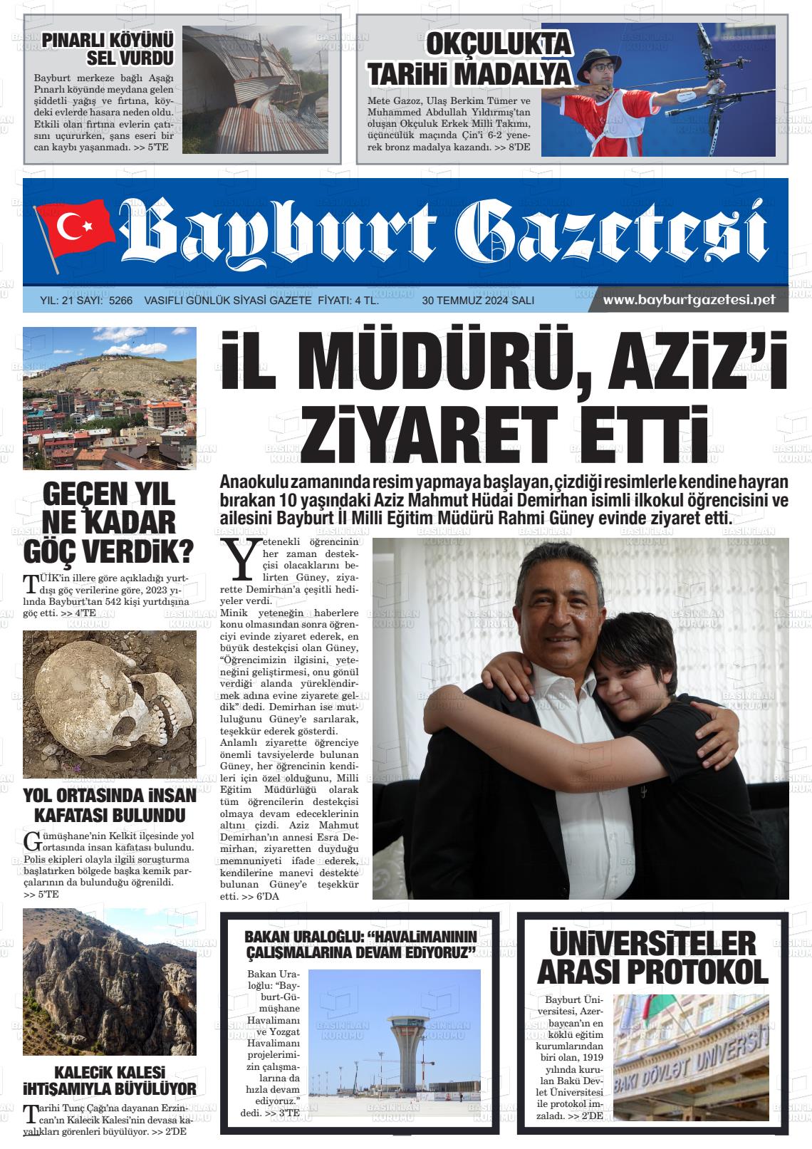 30 Temmuz 2024 Bayburt Sıla Gazete Manşeti