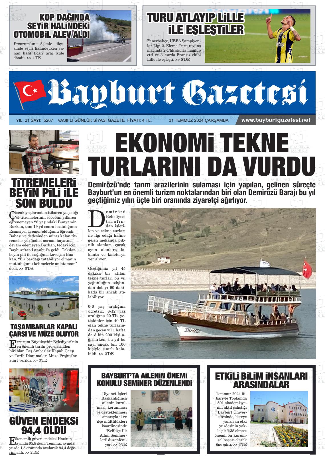 31 Temmuz 2024 Bayburt Sıla Gazete Manşeti