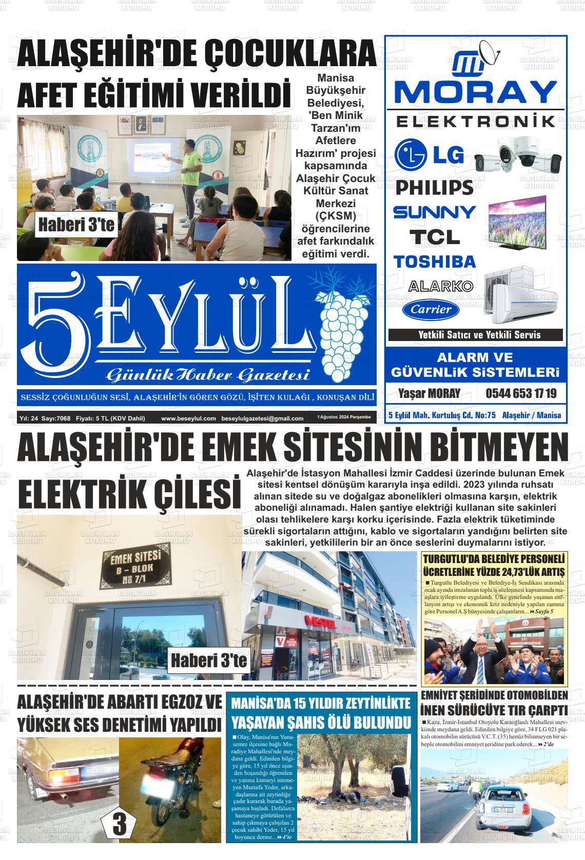 01 Ağustos 2024 5 Eylül Gazete Manşeti