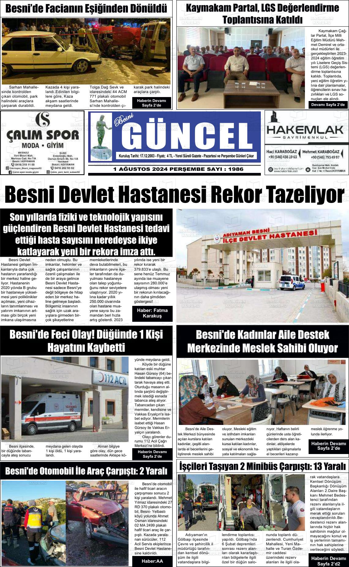 01 Ağustos 2024 Besni Güncel Gazete Manşeti