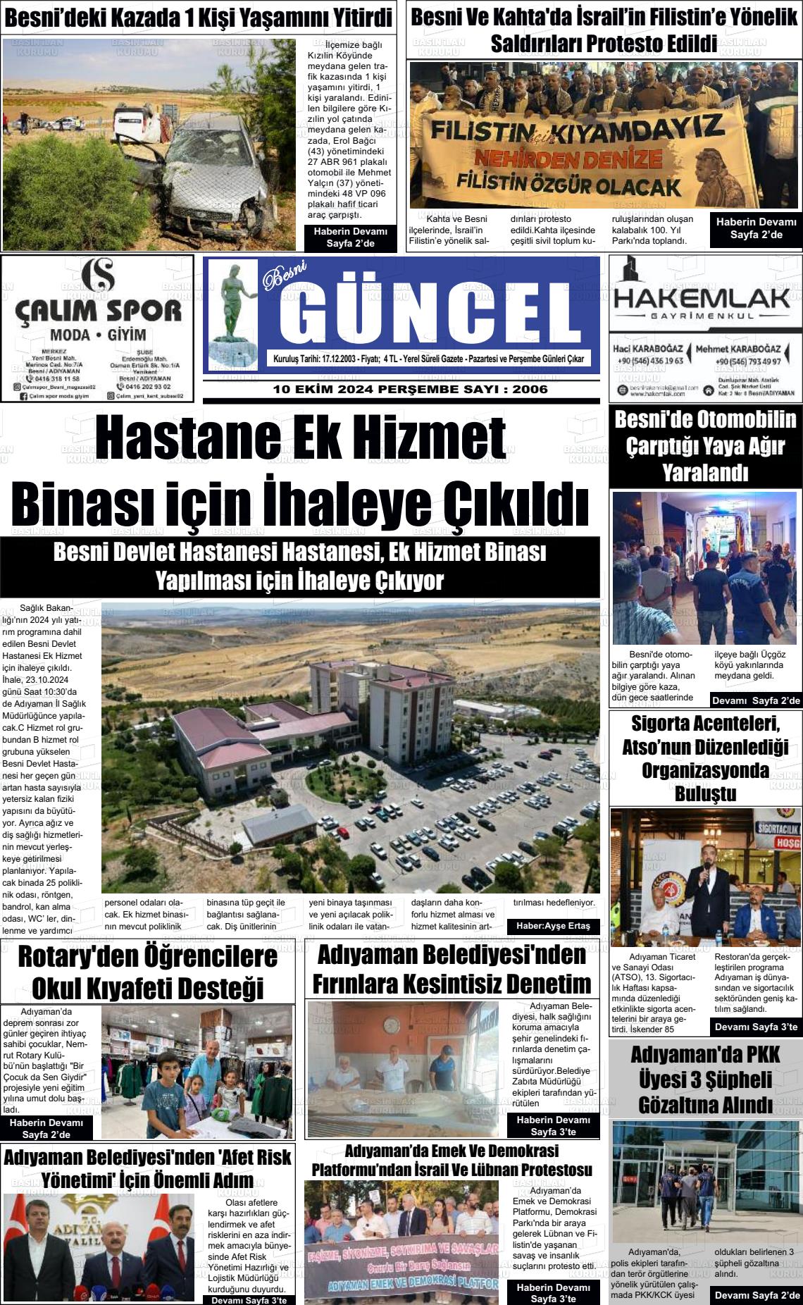 10 Ekim 2024 Besni Güncel Gazete Manşeti