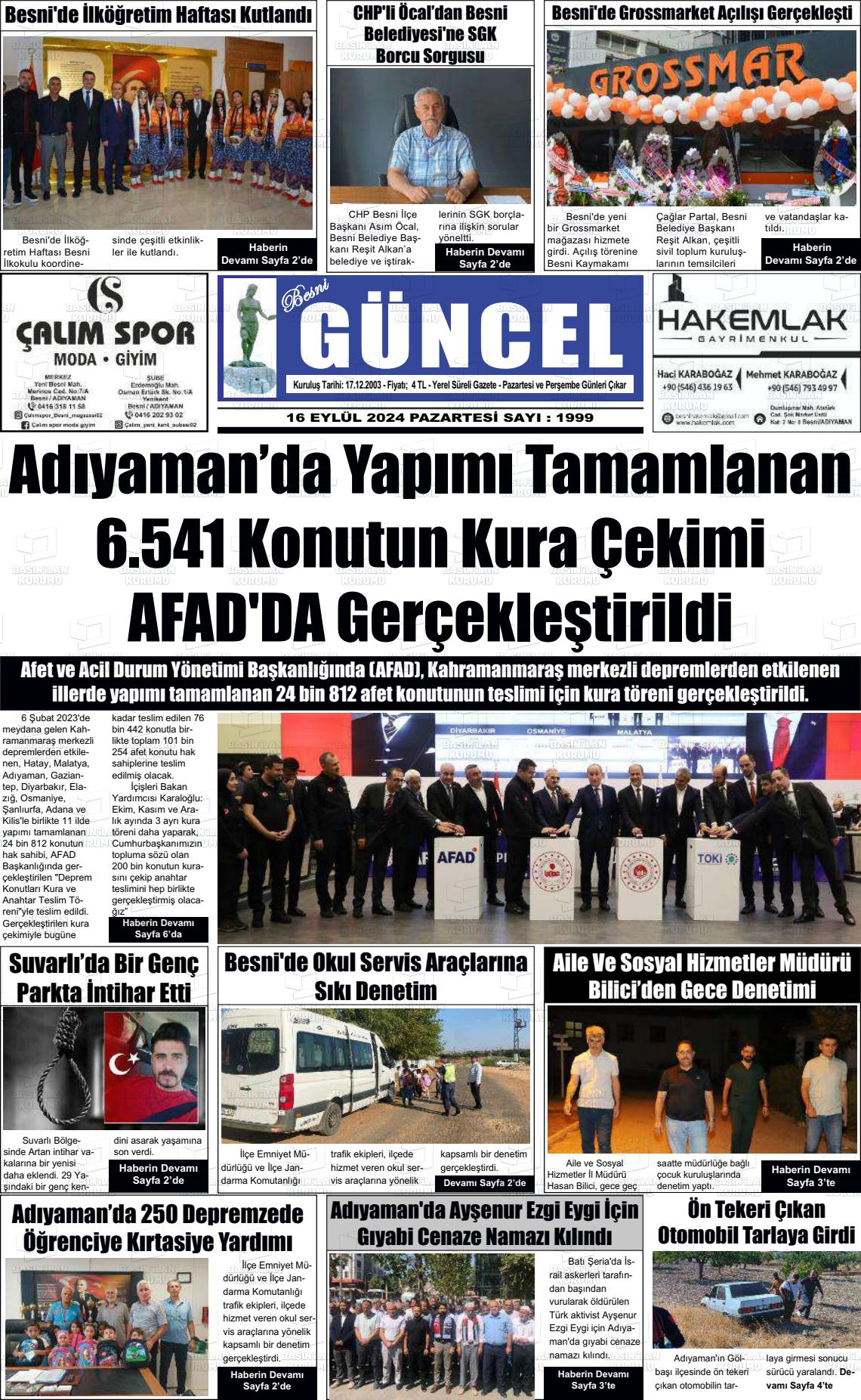 16 Eylül 2024 Besni Güncel Gazete Manşeti