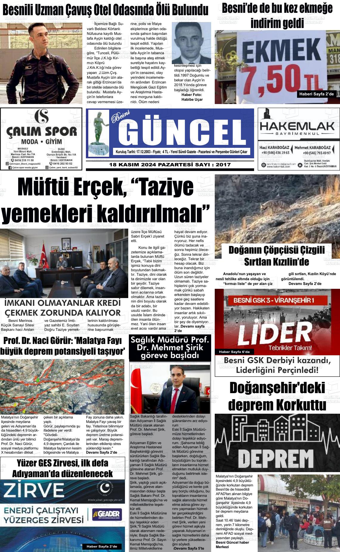 18 Kasım 2024 Besni Güncel Gazete Manşeti