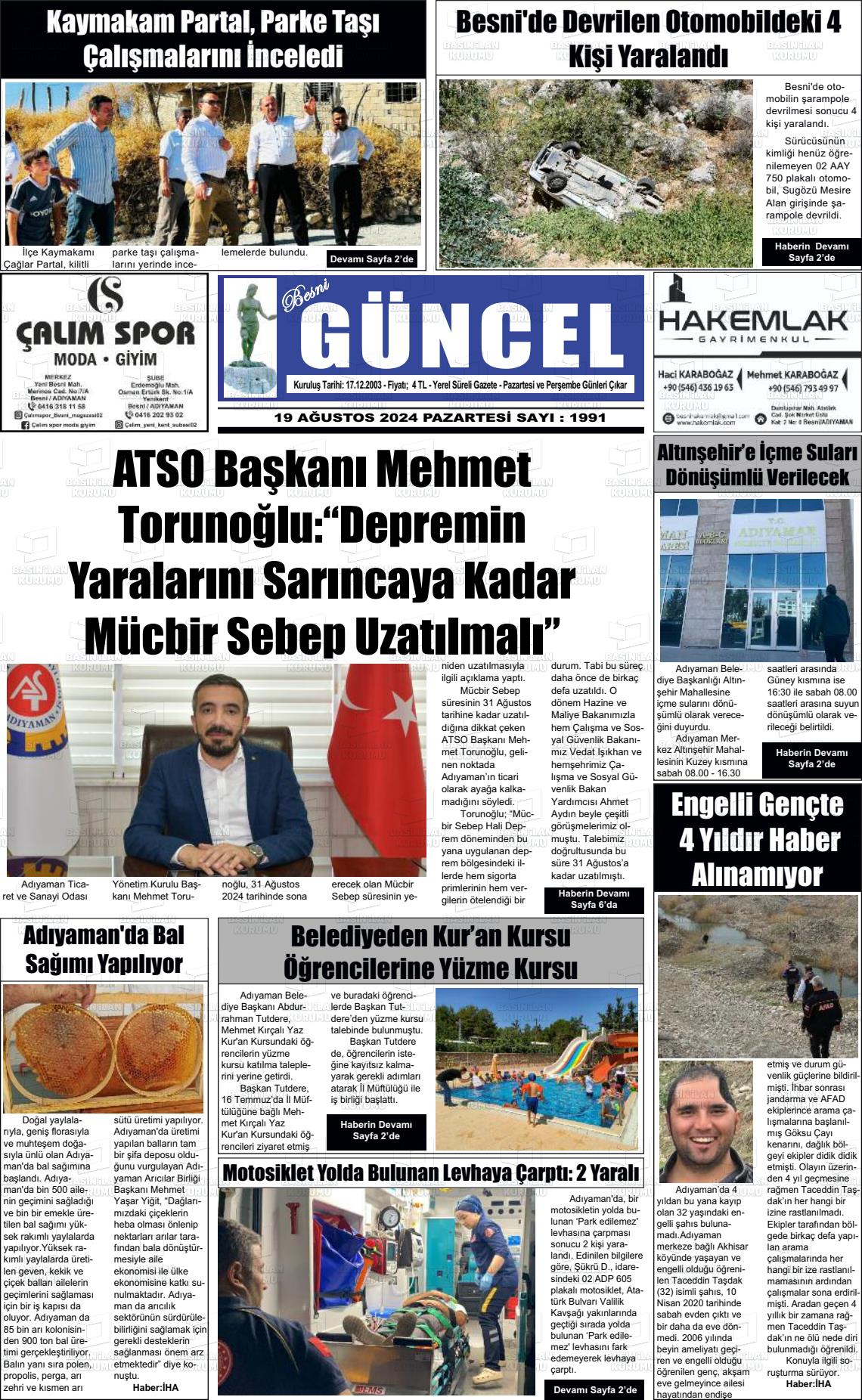 19 Ağustos 2024 Besni Güncel Gazete Manşeti