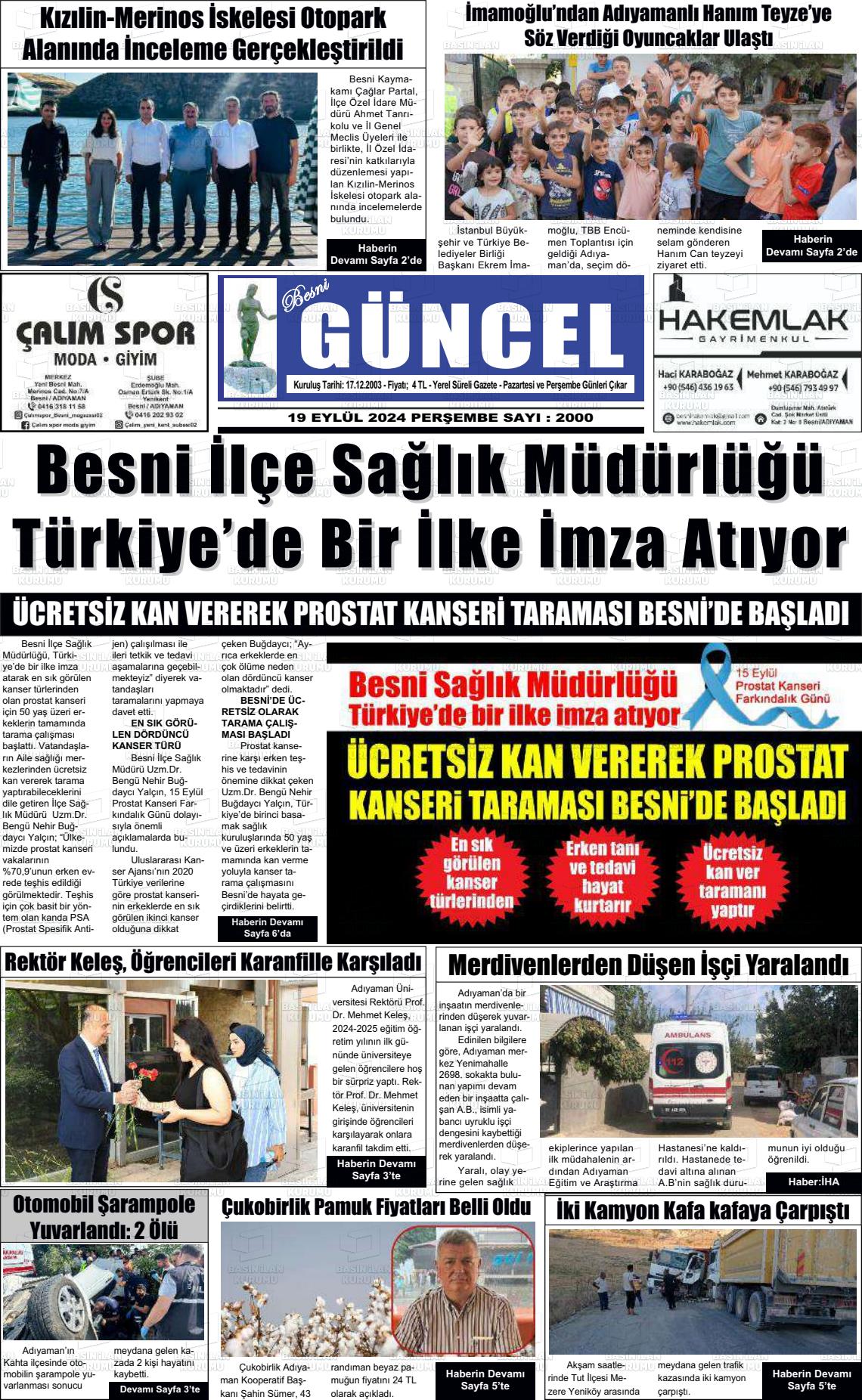 19 Eylül 2024 Besni Güncel Gazete Manşeti