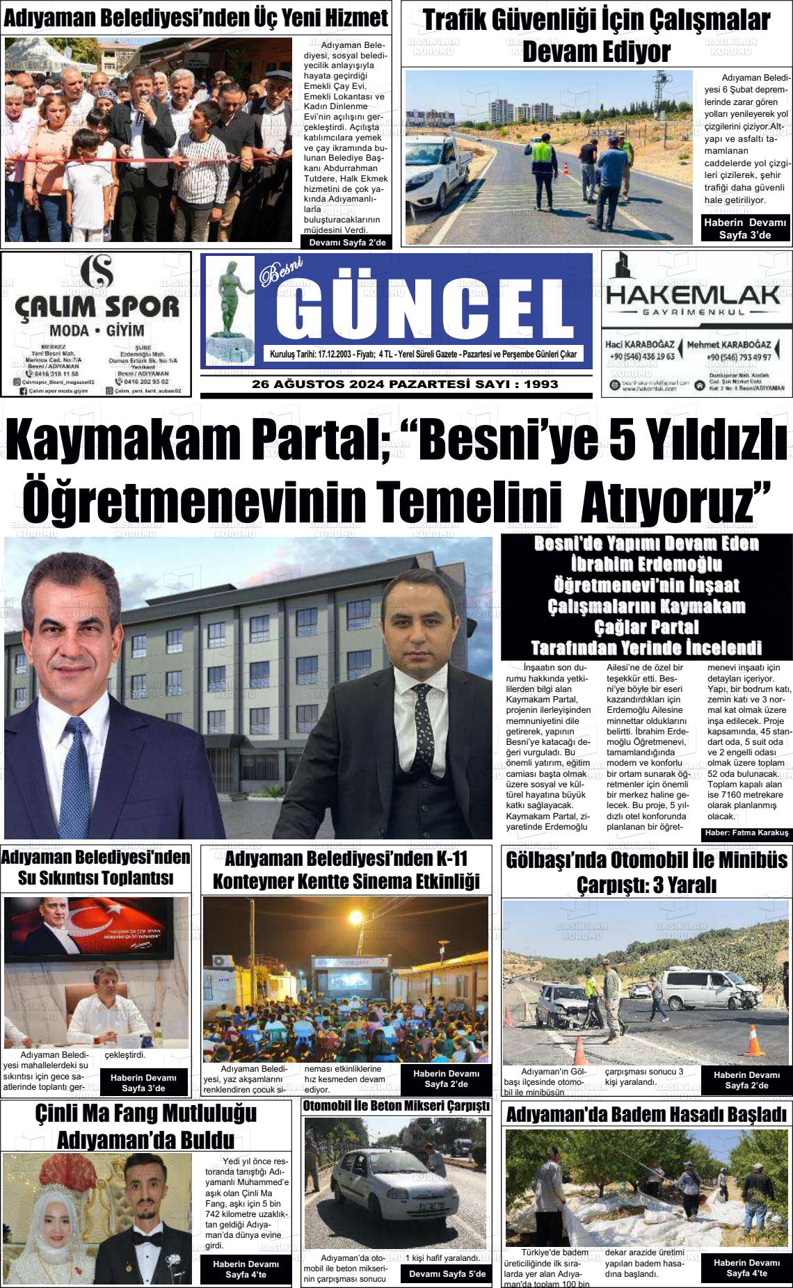 26 Ağustos 2024 Besni Güncel Gazete Manşeti