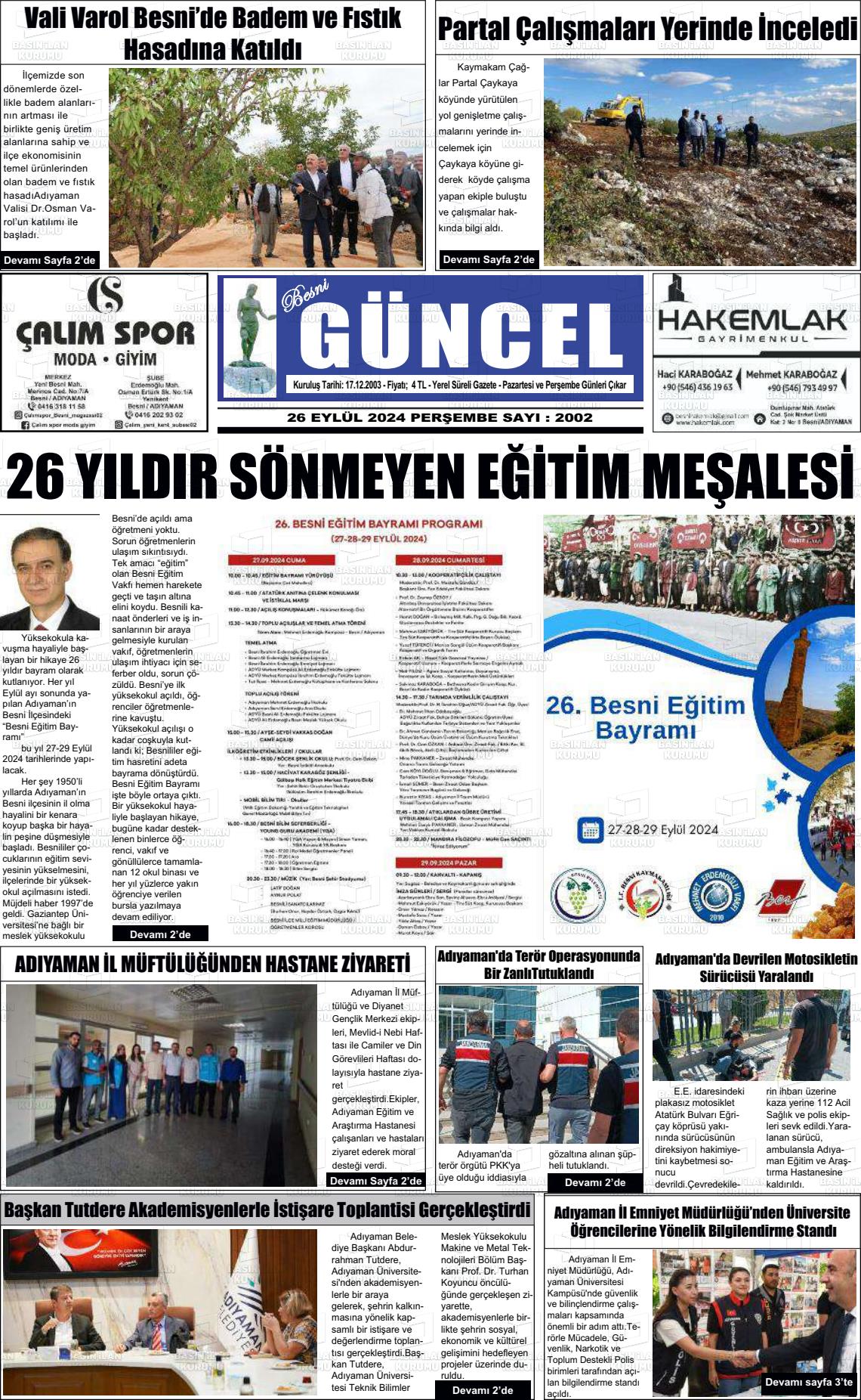 26 Eylül 2024 Besni Güncel Gazete Manşeti