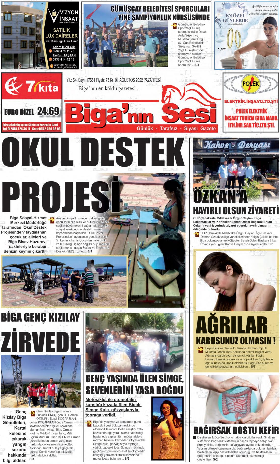 01 Ağustos 2022 Biga'nın Sesi Gazete Manşeti