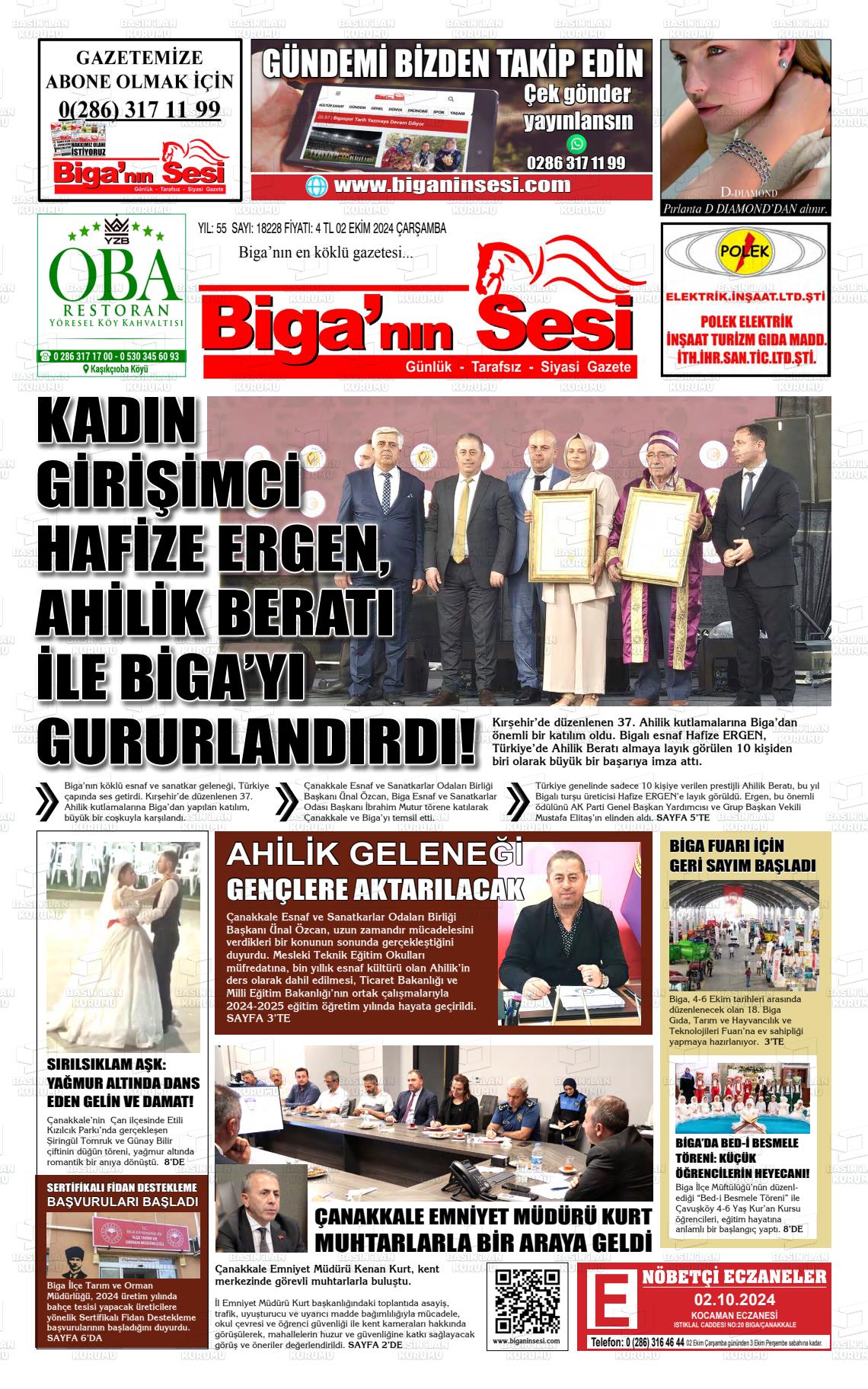 02 Ekim 2024 Biga'nın Sesi Gazete Manşeti