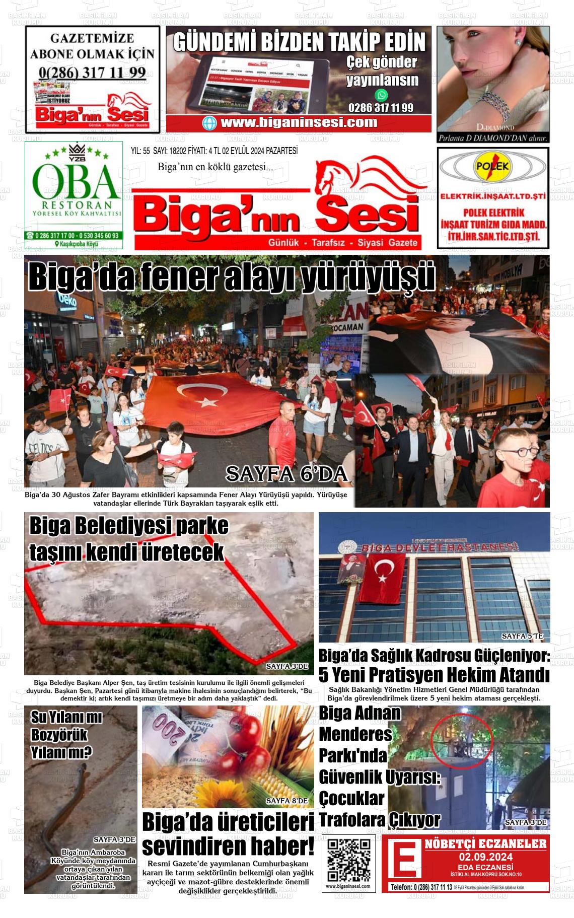 02 Eylül 2024 Biga'nın Sesi Gazete Manşeti