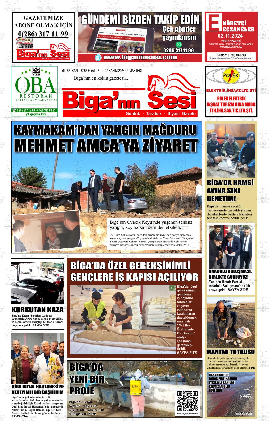 02 Kasım 2024 Biga'nın Sesi Gazete Manşeti