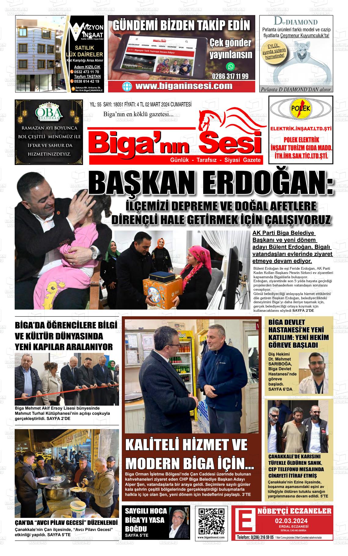 02 Mart 2024 Biga'nın Sesi Gazete Manşeti