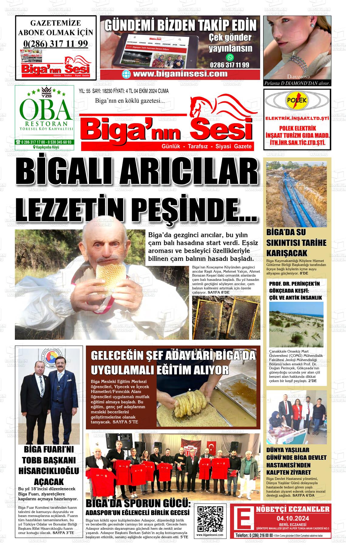 04 Ekim 2024 Biga'nın Sesi Gazete Manşeti