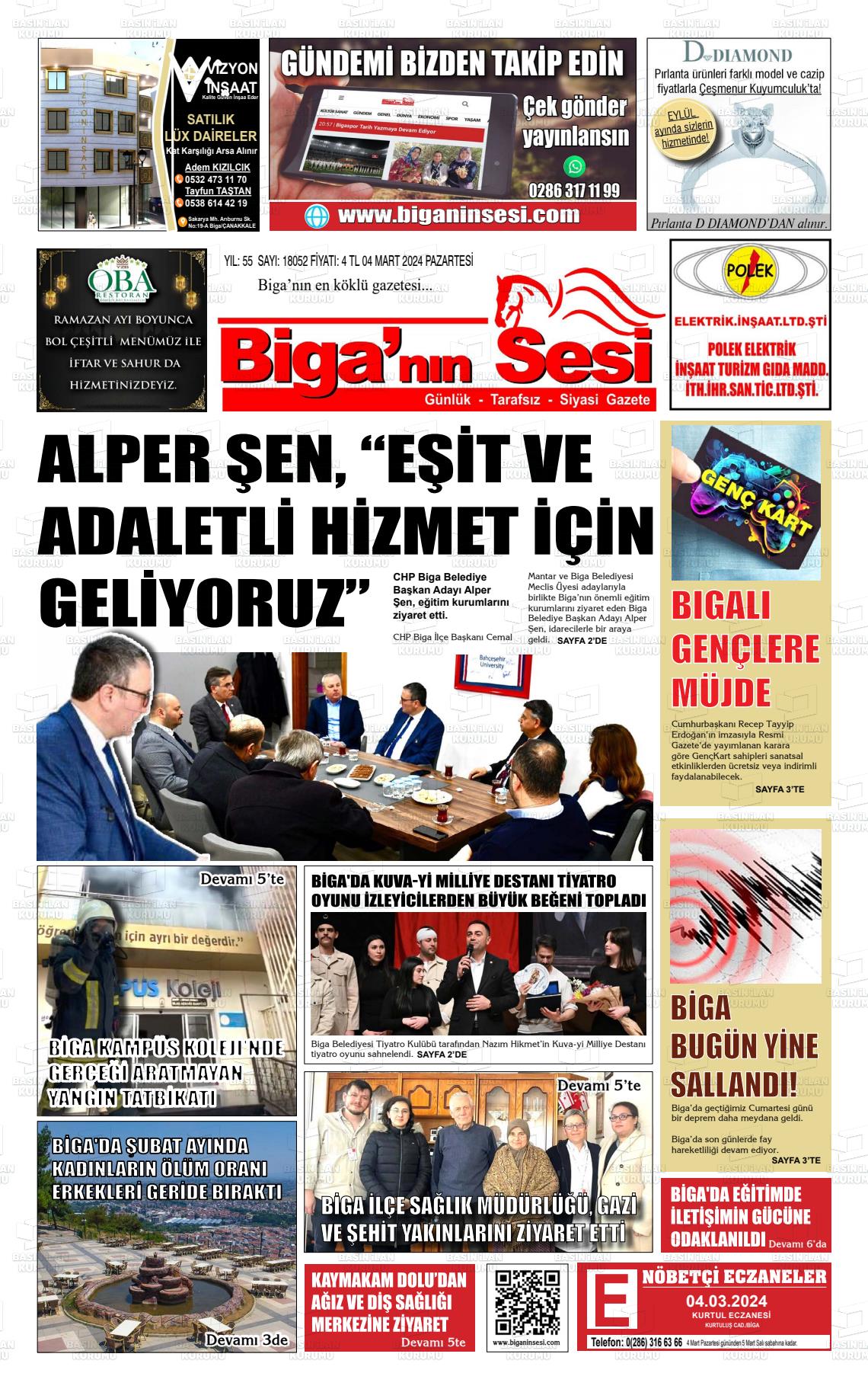 04 Mart 2024 Biga'nın Sesi Gazete Manşeti