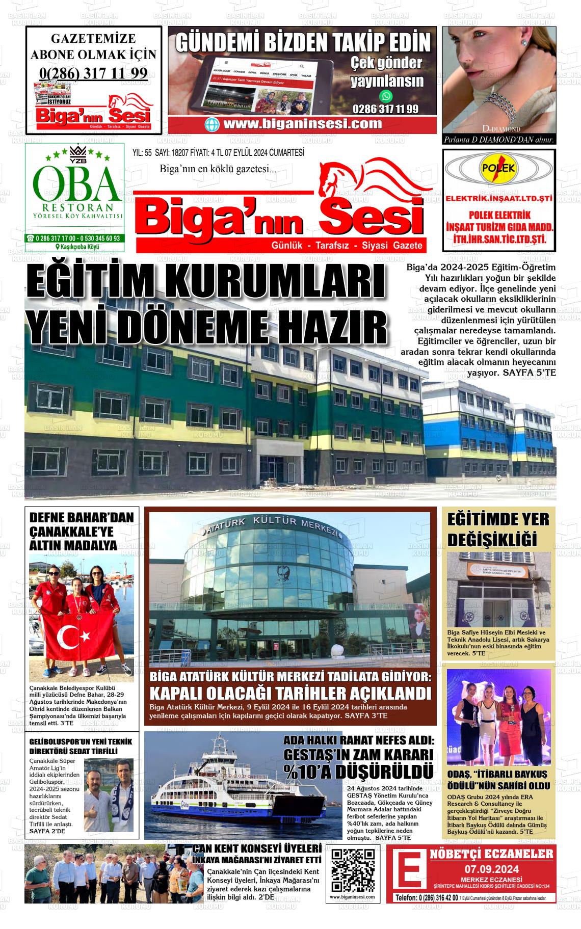 07 Eylül 2024 Biga'nın Sesi Gazete Manşeti