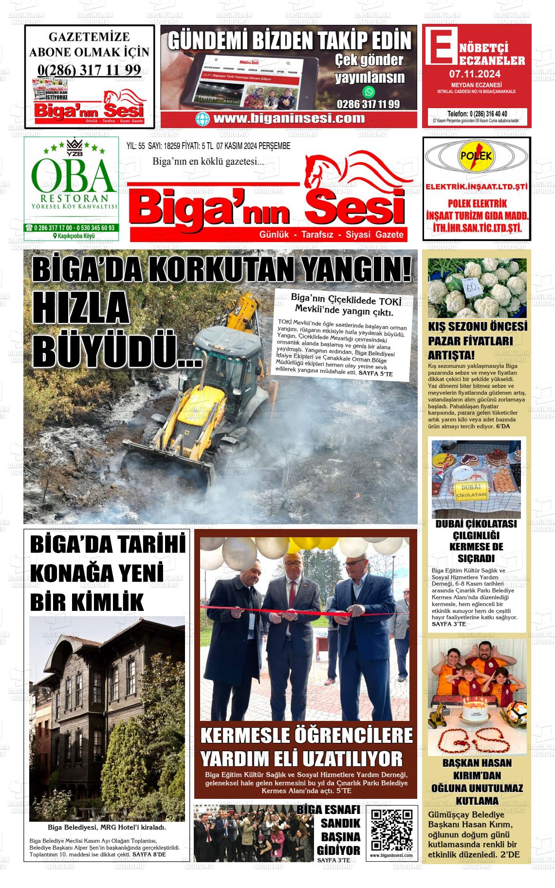 07 Kasım 2024 Biga'nın Sesi Gazete Manşeti