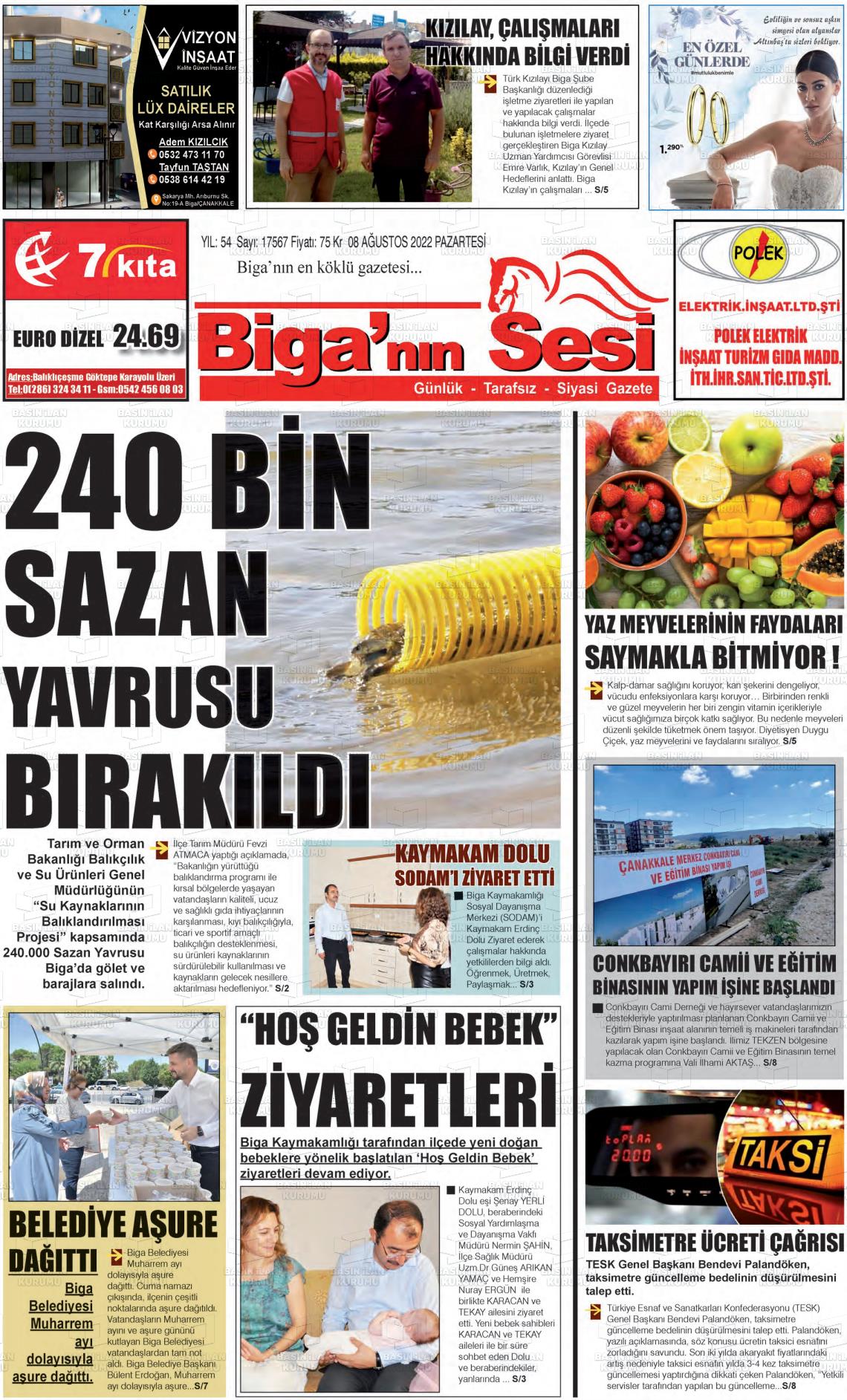 08 Ağustos 2022 Biga'nın Sesi Gazete Manşeti