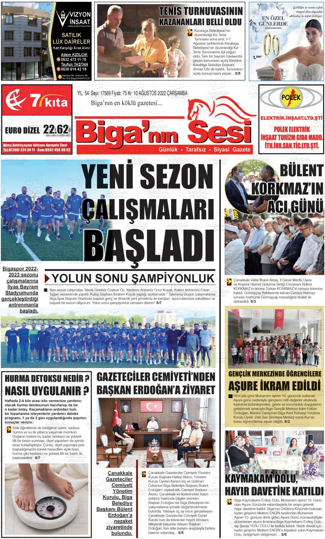 10 Ağustos 2022 Biga'nın Sesi Gazete Manşeti