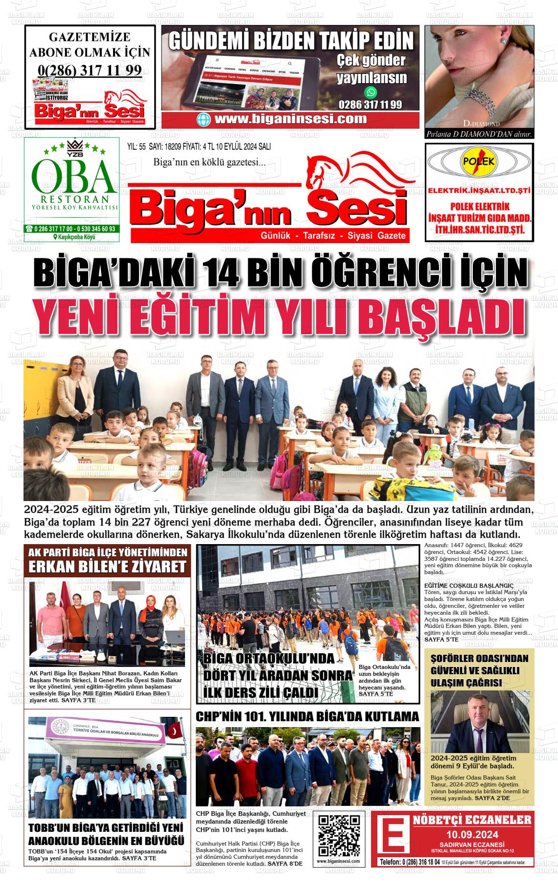 10 Eylül 2024 Biga'nın Sesi Gazete Manşeti