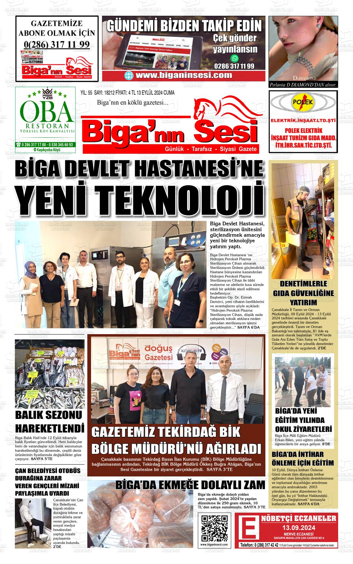 13 Eylül 2024 Biga'nın Sesi Gazete Manşeti