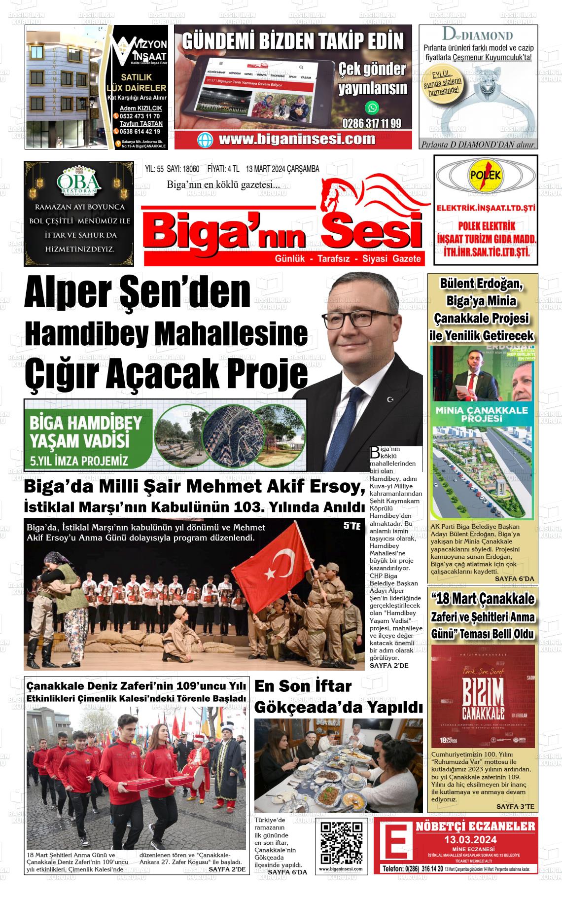 13 Mart 2024 Biga'nın Sesi Gazete Manşeti