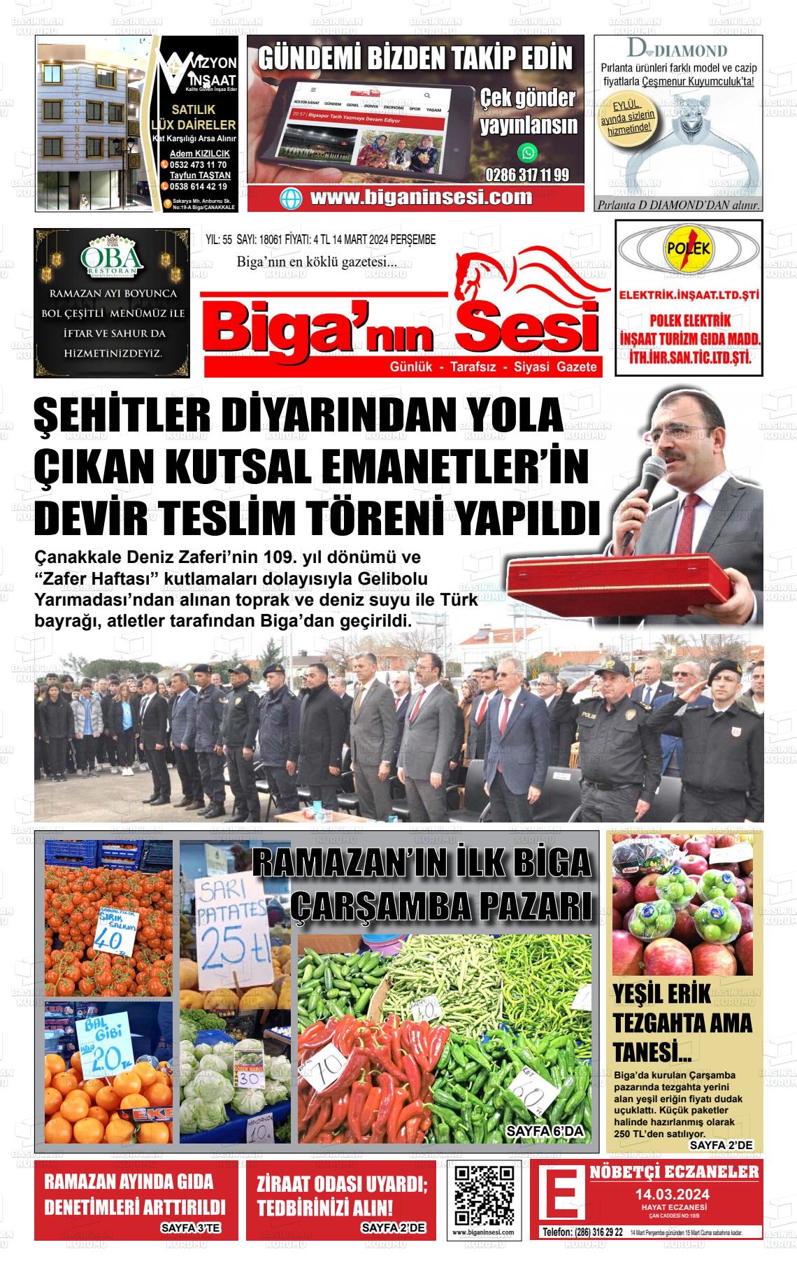 14 Mart 2024 Biga'nın Sesi Gazete Manşeti