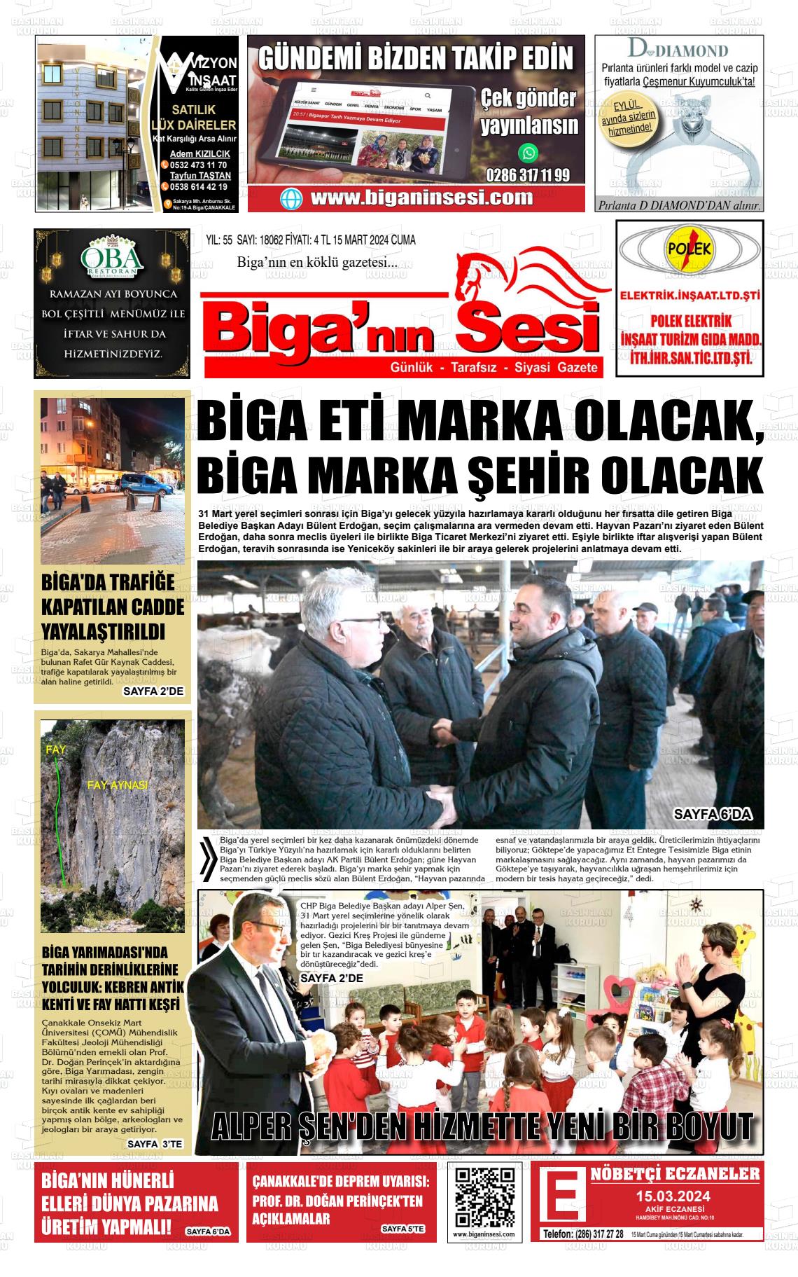 15 Mart 2024 Biga'nın Sesi Gazete Manşeti