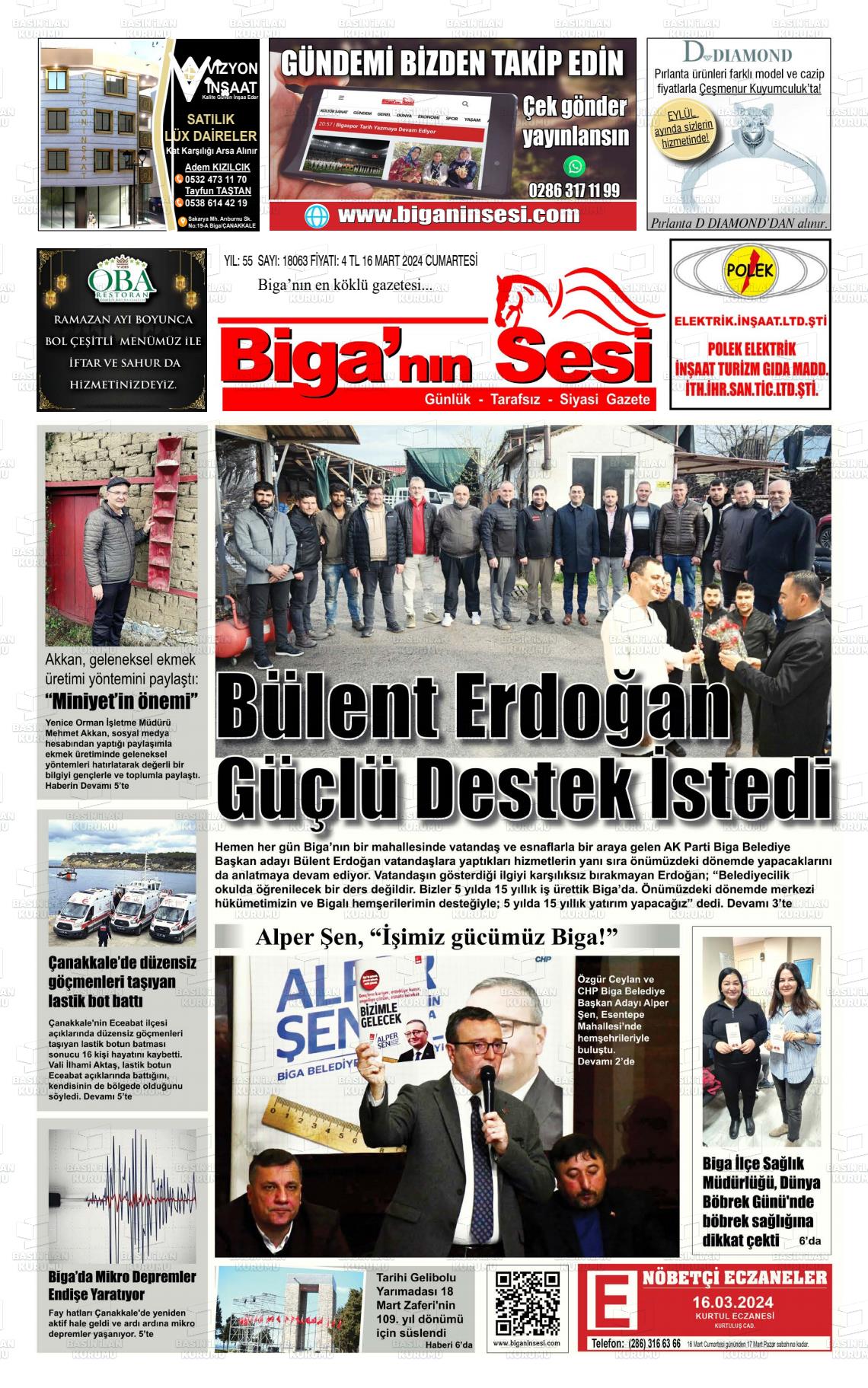 16 Mart 2024 Biga'nın Sesi Gazete Manşeti