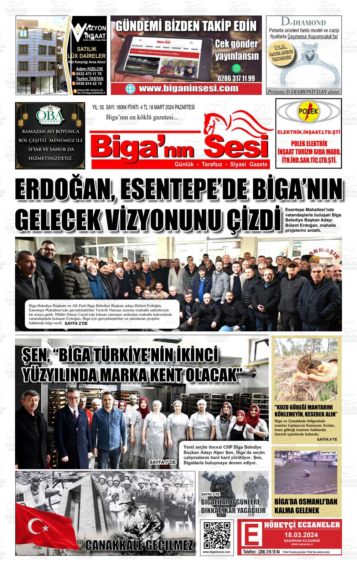 18 Mart 2024 Biga'nın Sesi Gazete Manşeti