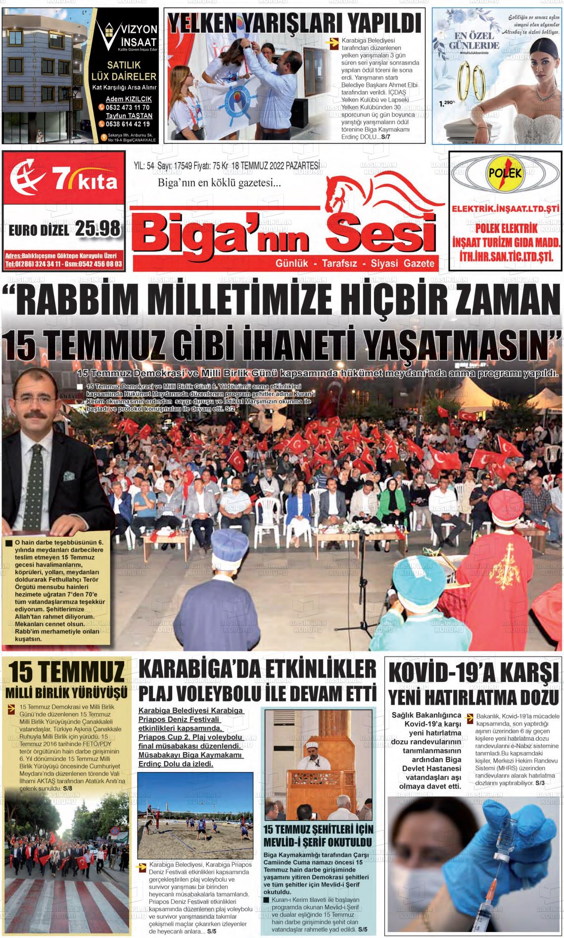 18 Temmuz 2022 Biga'nın Sesi Gazete Manşeti