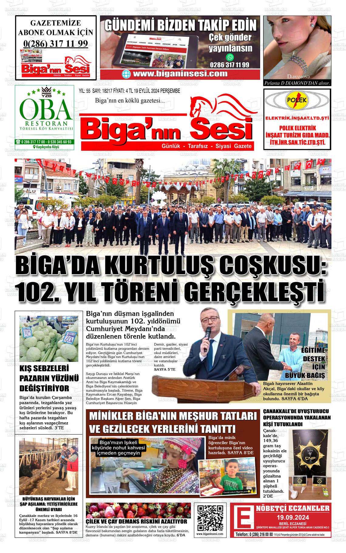 19 Eylül 2024 Biga'nın Sesi Gazete Manşeti