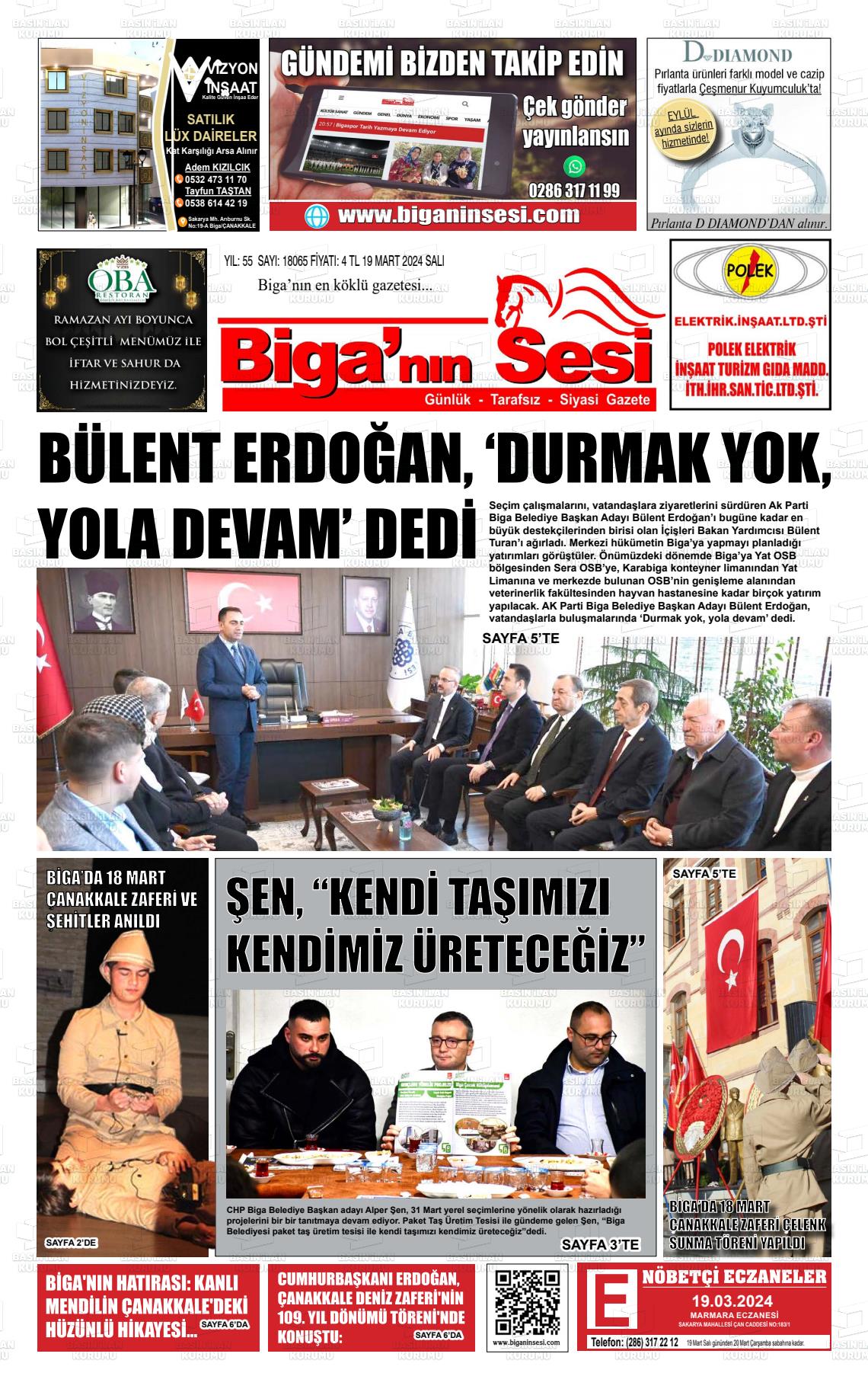 19 Mart 2024 Biga'nın Sesi Gazete Manşeti