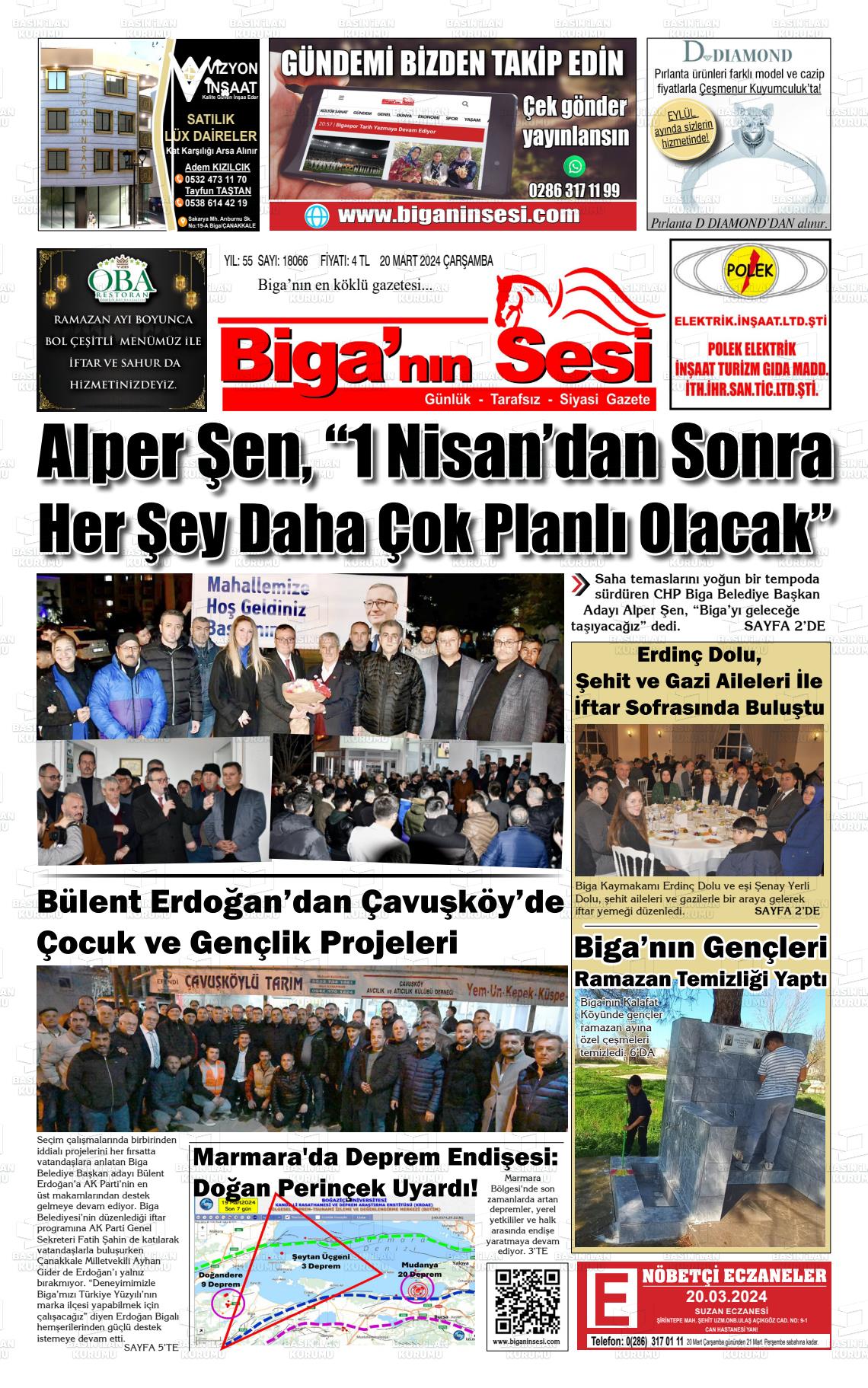 20 Mart 2024 Biga'nın Sesi Gazete Manşeti