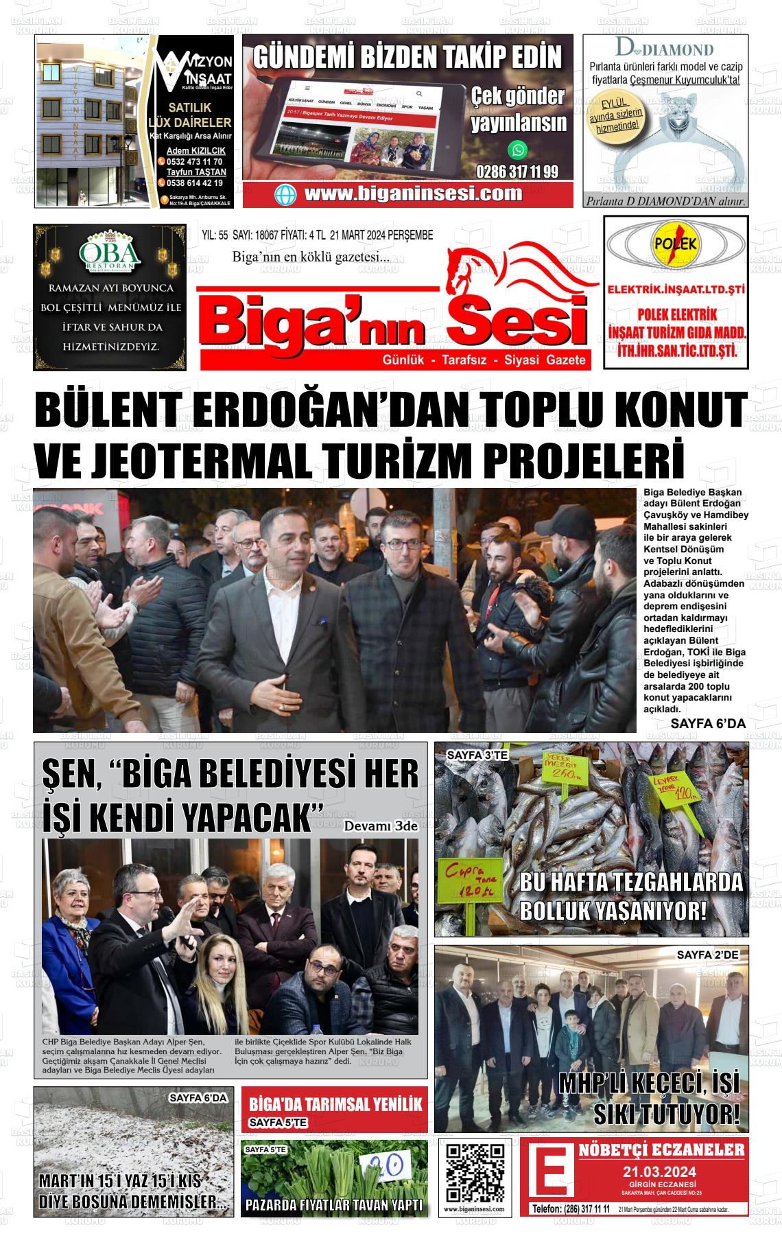 21 Mart 2024 Biga'nın Sesi Gazete Manşeti