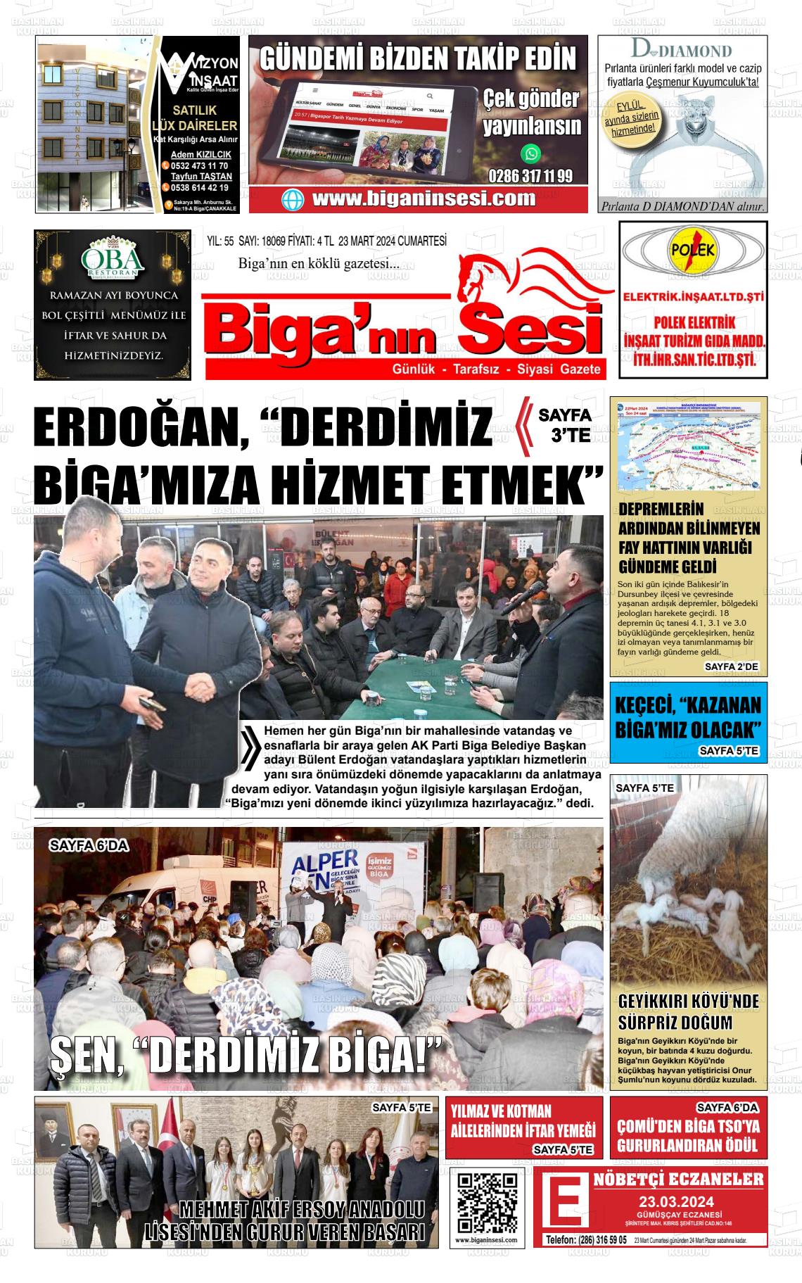 23 Mart 2024 Biga'nın Sesi Gazete Manşeti